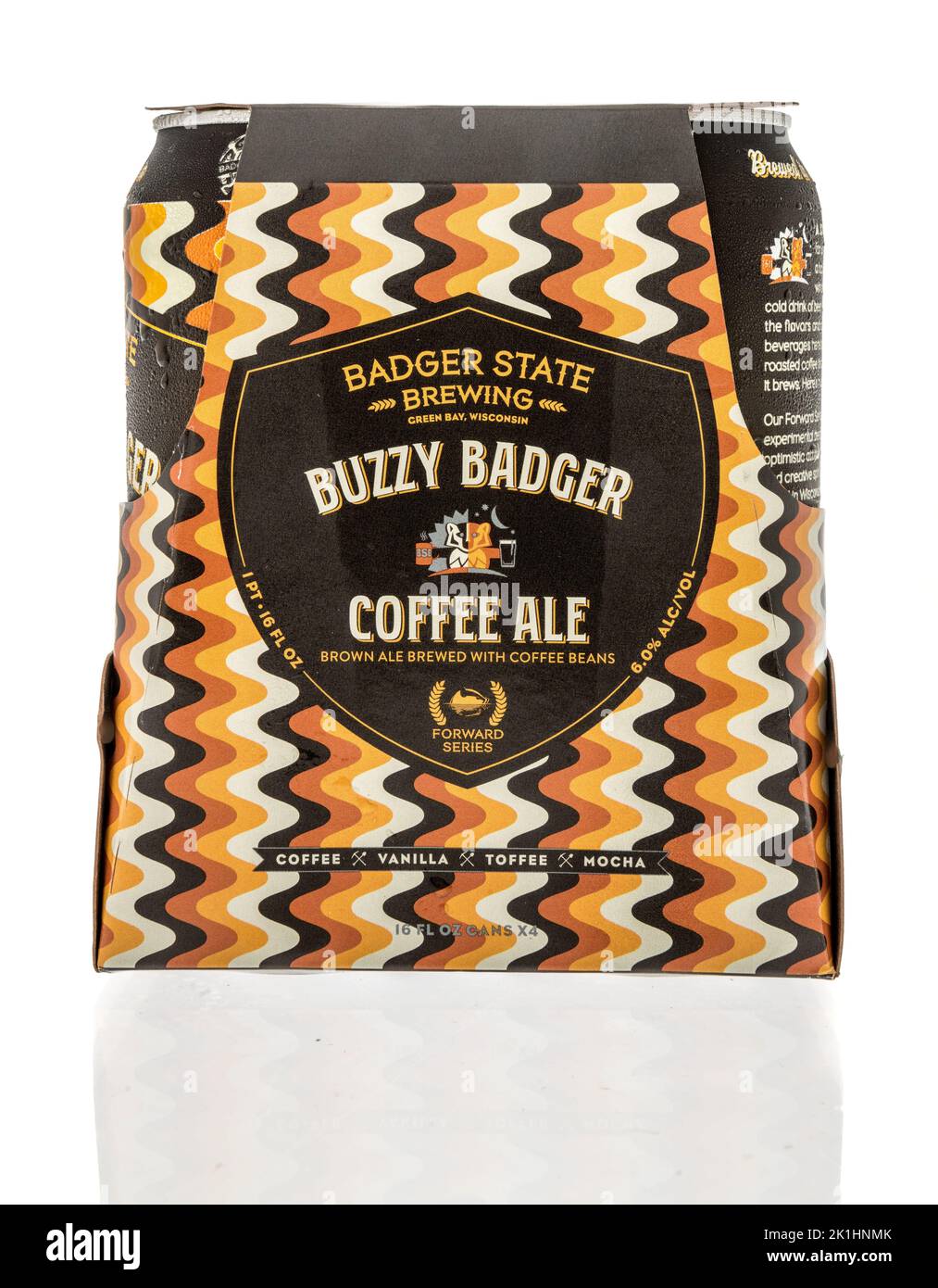 Winneconne, WI - 18 September 2022: A package of Badger state brewing buzzy badger coffee ale beer on an isolated background. Stock Photo