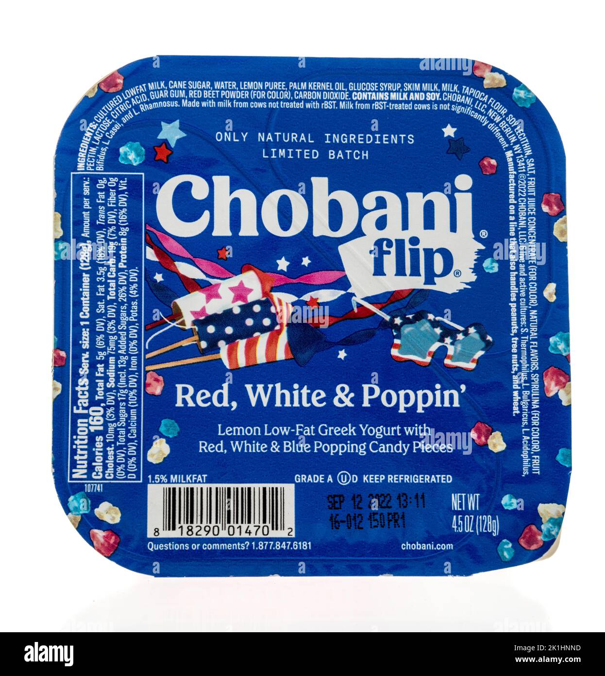 Winneconne, WI - 18 September 2022: A package of Chobani flip red white popping greek yogurt on an isolated background. Stock Photo