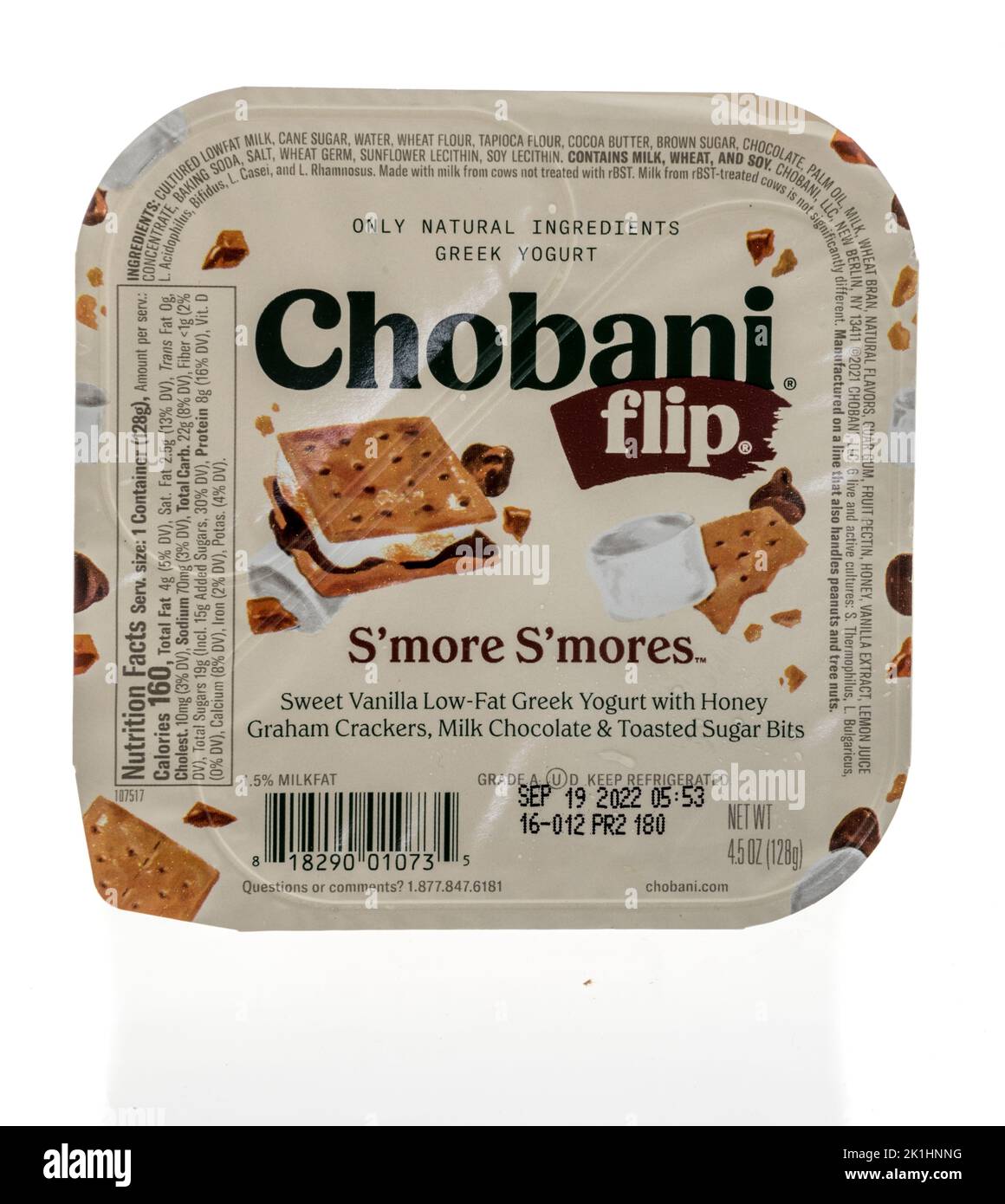 Winneconne, WI - 18 September 2022: A package of Chobani flip smores smores greek yogurt on an isolated background. Stock Photo