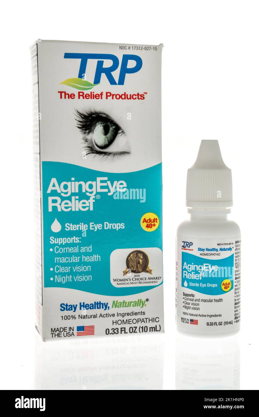 Winneconne, WI - 11 September 2022: A package of TRP the relief products agingeye relief eye drops on an isolated background. Stock Photo