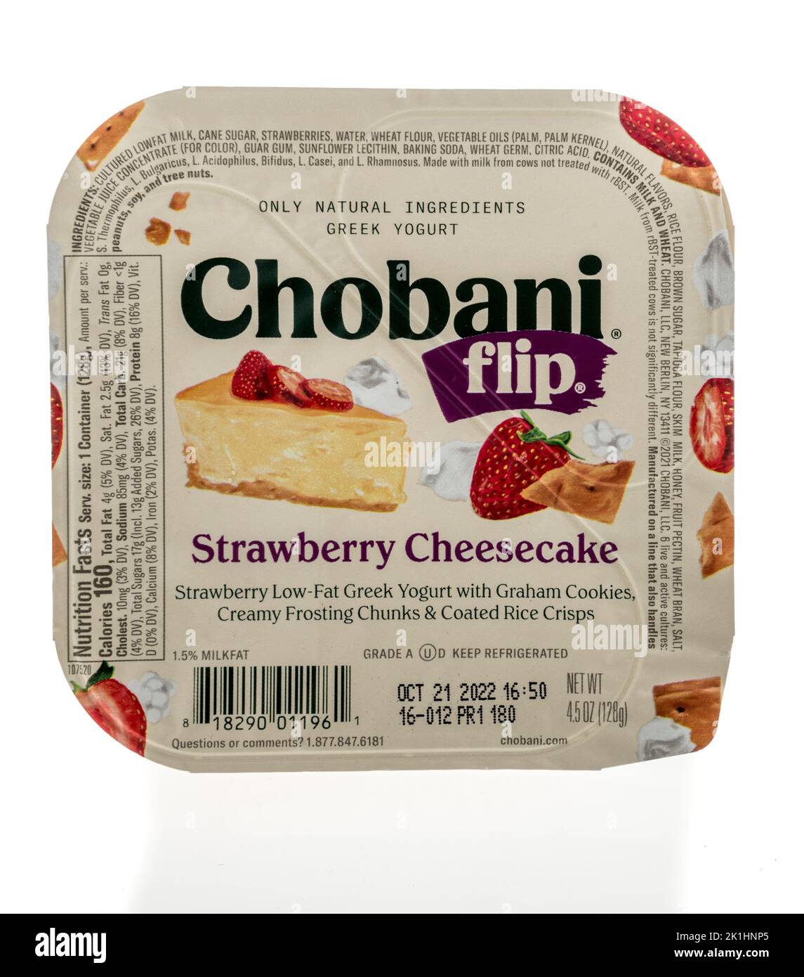 Winneconne, WI - 18 September 2022: A package of Chobani flip strawberry cheesecake greek yogurt on an isolated background. Stock Photo