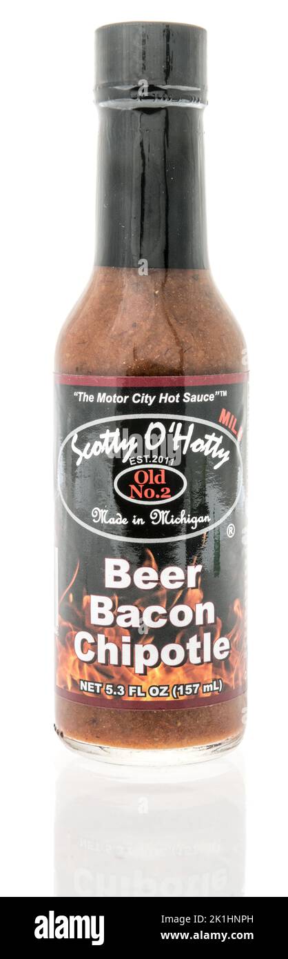 Winneconne, WI - 11 September 2022: A bottle of Scotty O hotty beer bacon chipotle hot sauce on an isolated background. Stock Photo