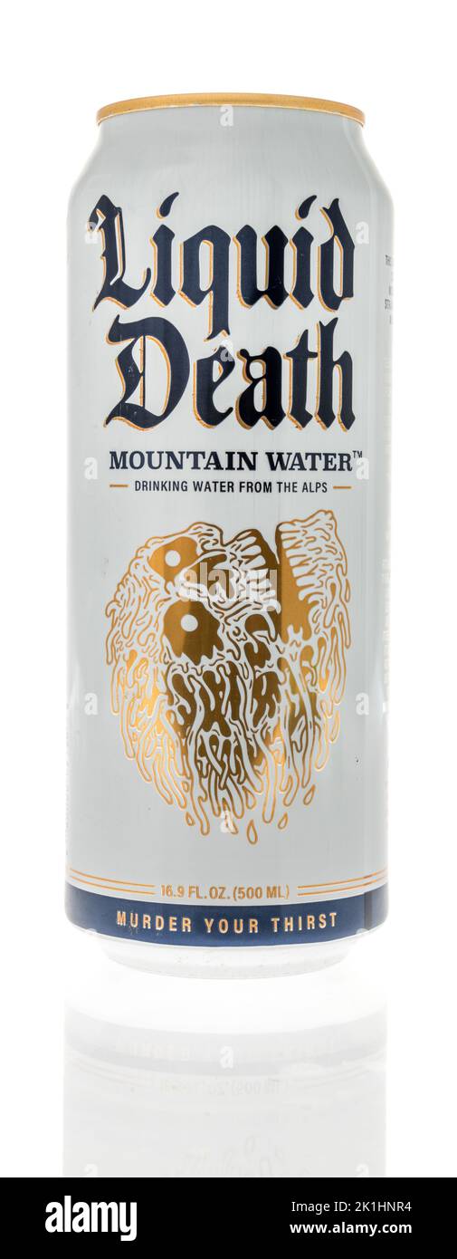Winneconne, WI - 11 September 2022: A can of Liquid Death moutain water from the alps on an isolated background. Stock Photo