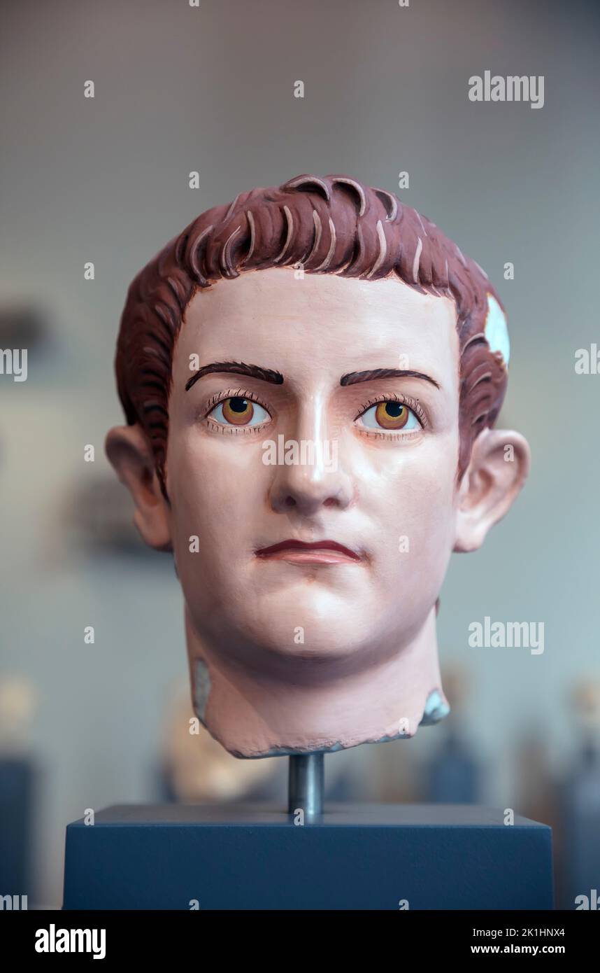 Colourised reconstruction of marble portrait of Emperor Gaius Julius Caesar Agustus Germanicus (Caligula) in Metropolitan Museum of Art (MET) NYC, USA Stock Photo