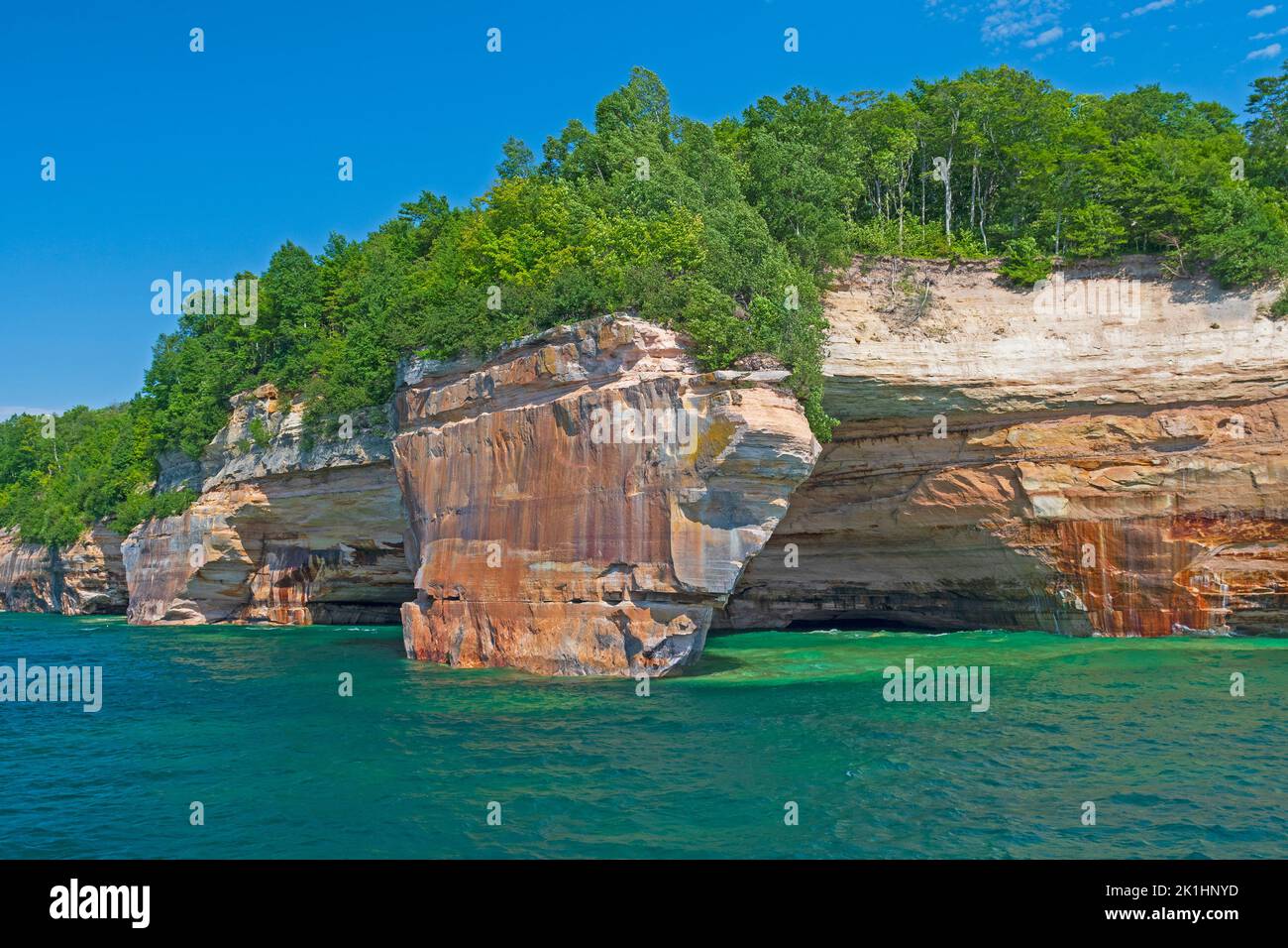 A Flowerpot Rock on a Colorful Lakeshore on Pictured Rocks National Lakeshore on Lake Superior in Michigan Stock Photo