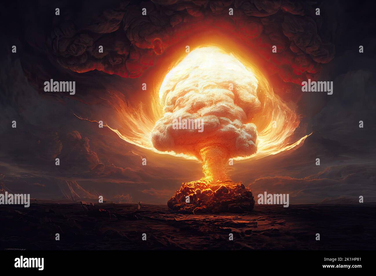 An explosion in a town's skyline produces a nuclear fire mushroom cloud in an apocalyptic war. Nuclear explosion of atomic bomb in a nuclear war. 3D Stock Photo