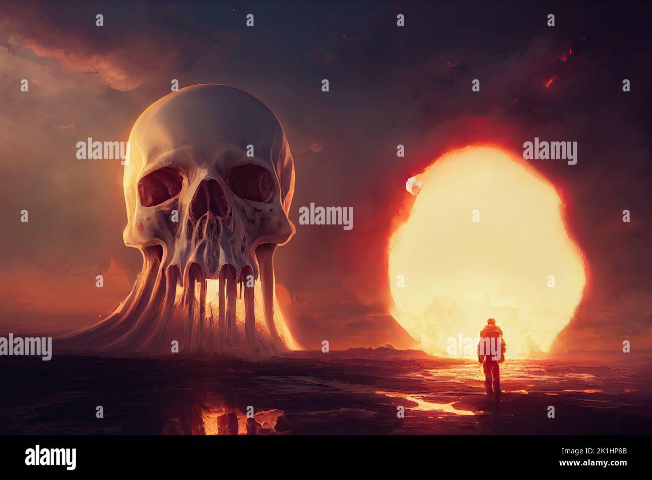 Skull in the middle of explosion in the city skyline. Nuclear explosion with a man at the sunset of an apocalyptic war. Skull-shape mushroom cloud of Stock Photo