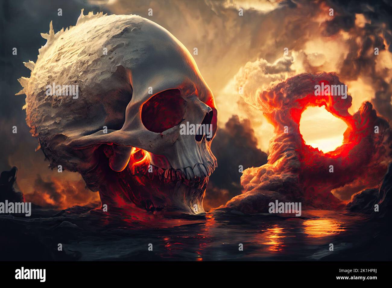 An apocalyptic ruin, still lit by an explosion, contains a skull of fire in the middle of an explosion. Halloween style in the dim light. A visual 3D Stock Photo