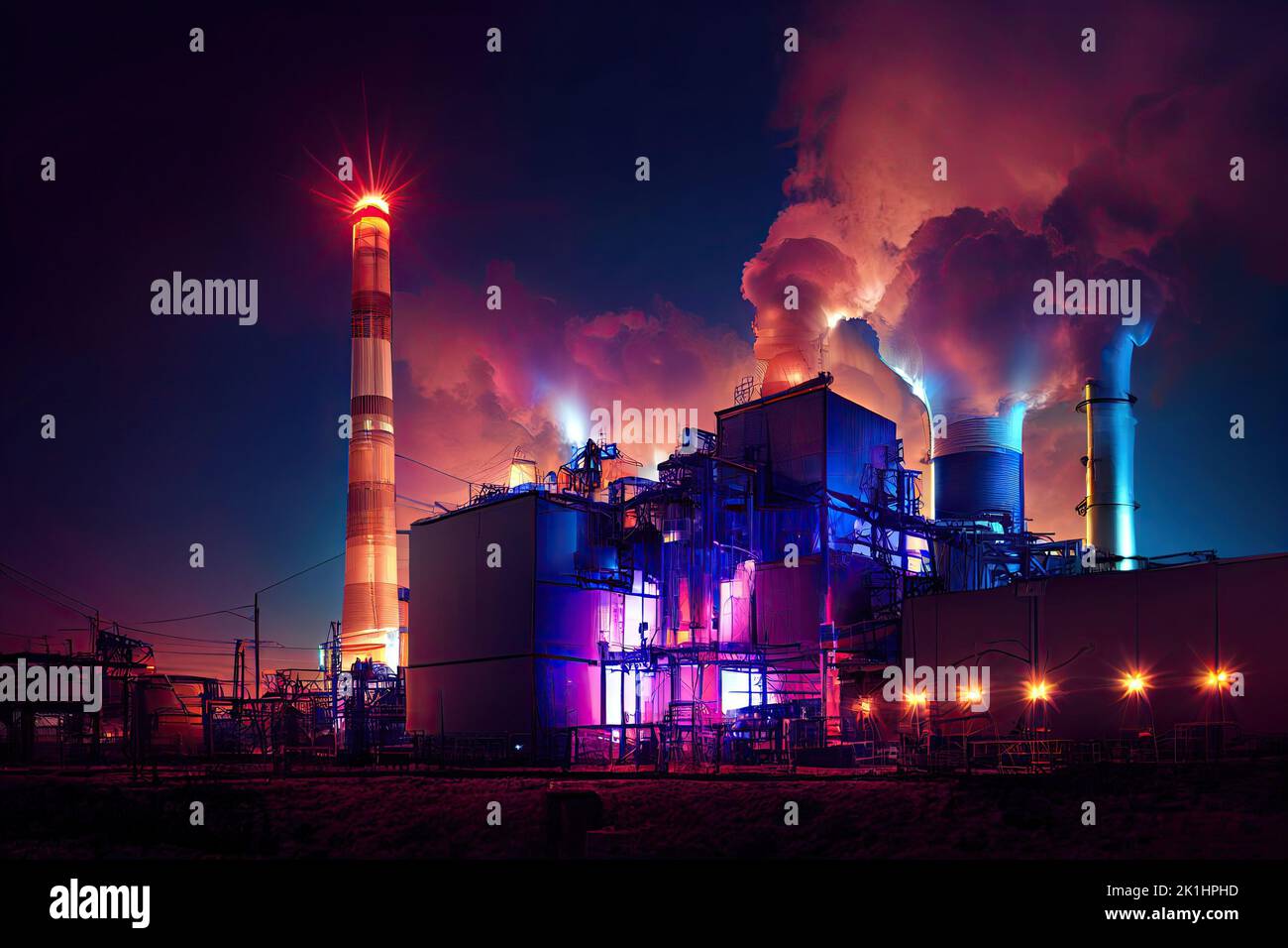 A brightly lit chemicals factory at night, with colourful neon lights. Pipelines and smokestacks with rising smoke, symbolizing pollution and rising Stock Photo
