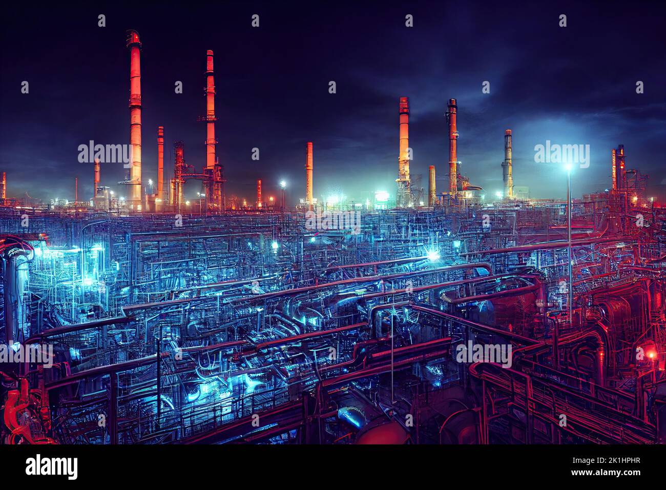 Floodlit industrial oil refinery factory in the night with glowing lights of blue and red. Chemicals warehouse with pipelines and smokestacks with Stock Photo