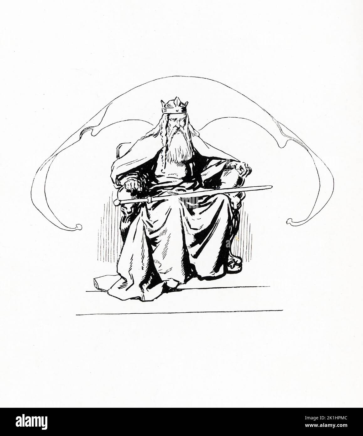 According to Norse mythology, Odin was one of the chief gods and the ruler of Asgard (the country or capital of the Norse gods). This illustration by Gordon Browne dates to 1913. Stock Photo