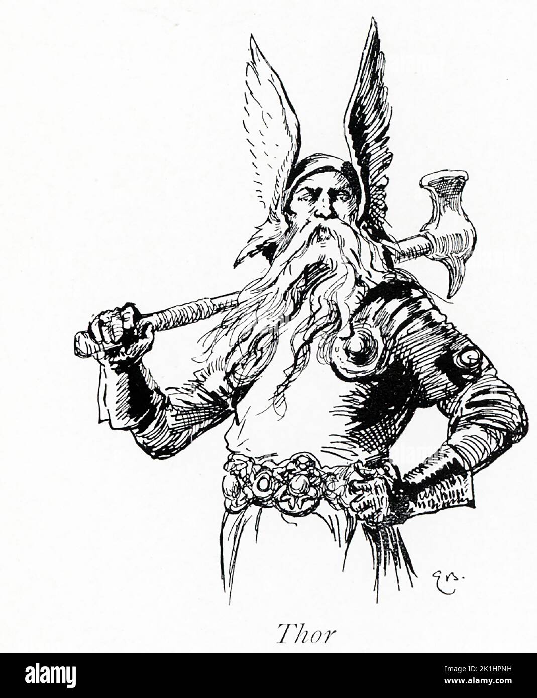 Thor was the god of thunder, and thus the god of might and war. The son of Odin, he had a magical hammer named Mjollnir that returned to him, a belt of strength, and iron gloves. His chariot was pulled by two goats—Tanngrisni ('gap-tooth' ) and Tanngnost ('tooth grinder'). This illustration dates to 1913. Stock Photo