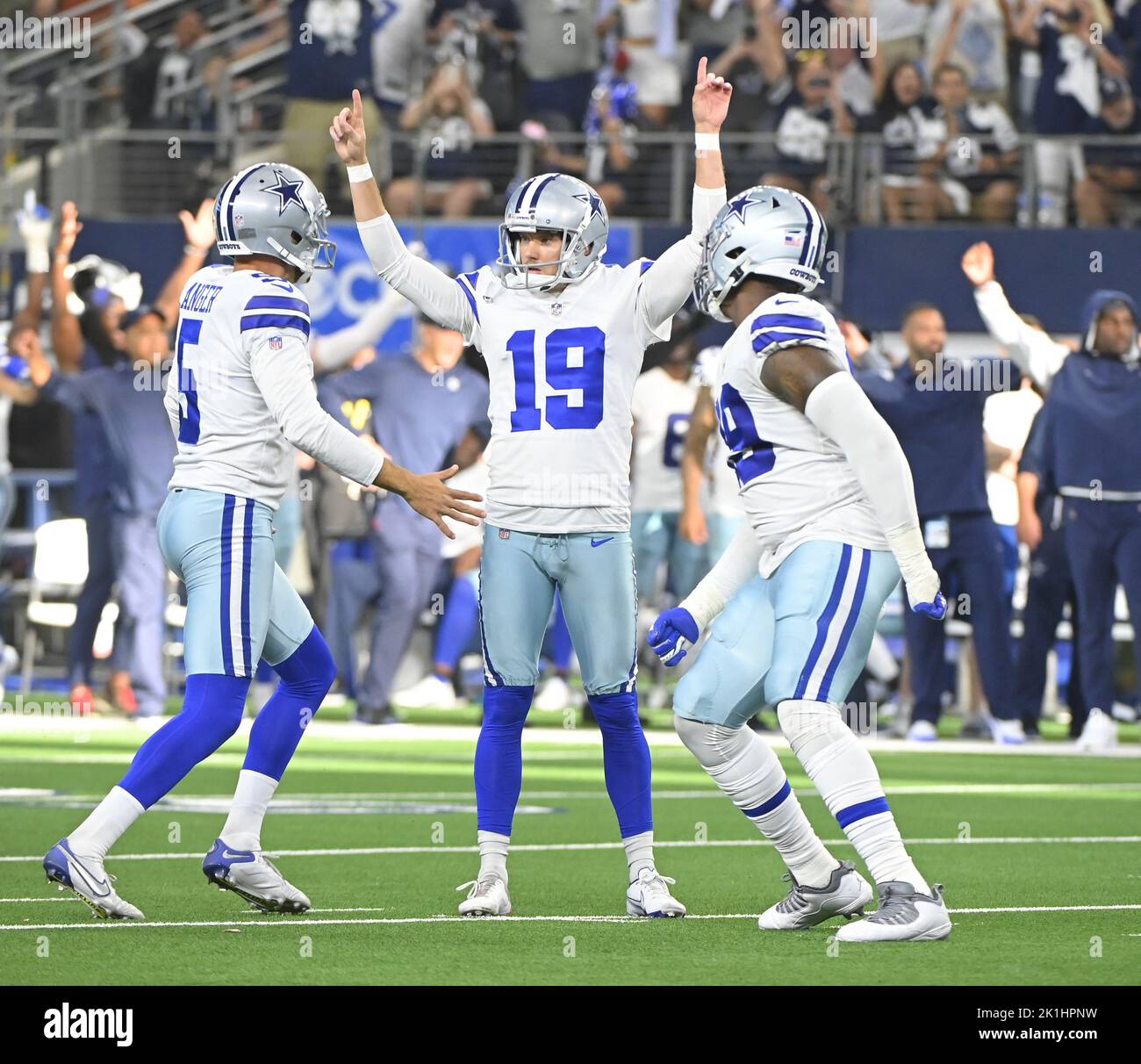 Arlington, United States. 18th Sep, 2022. Dallas Cowboys kicker Brett Maher (19) celebrats his 50-yrd field goal with no time left to beat Cincinnati Bengals 20-17 in their NFL game at AT&T Stadium in Arlington, Texas on Sunday, September 18, 2022 Photo by Ian Halperin/UPI Credit: UPI/Alamy Live News Stock Photo