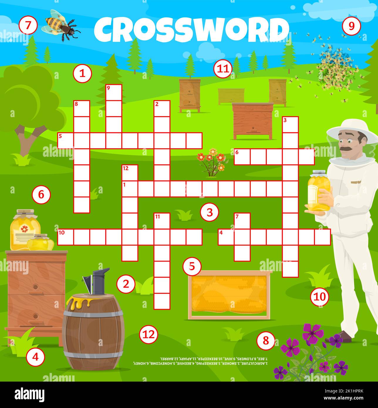 Beekeeping and apiary crossword puzzle game grid and agriculture quiz, vector worksheet. Kids education crossword riddle with honey beekeeper and bees smoker, beehive and beekeeping barrel Stock Vector