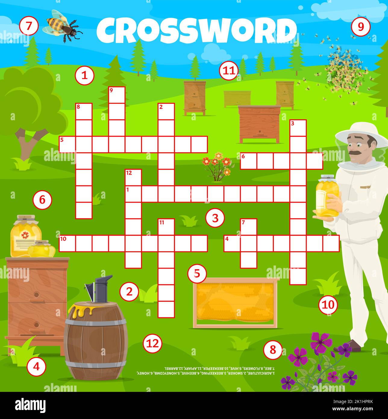 Beekeeping and apiary crossword puzzle game grid and agriculture quiz