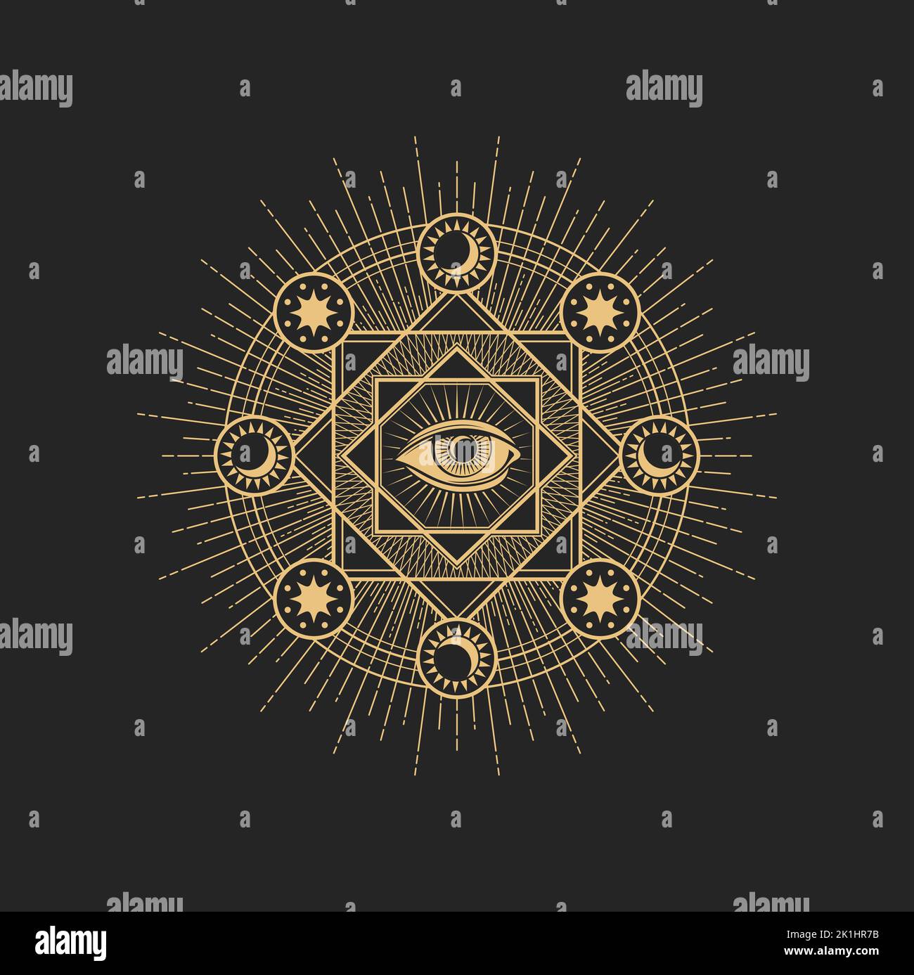 Esoteric occult symbol vector Eye of Providence inside of circle with star, sun, moon around