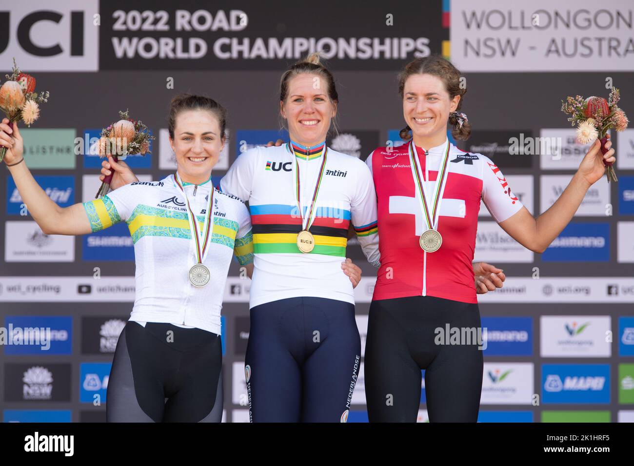 Ellen van Dijk of the Netherlands, winner of the Women's elite Time Trial on the podium at the 2022 UCI Road Cycling World Championships. Stock Photo