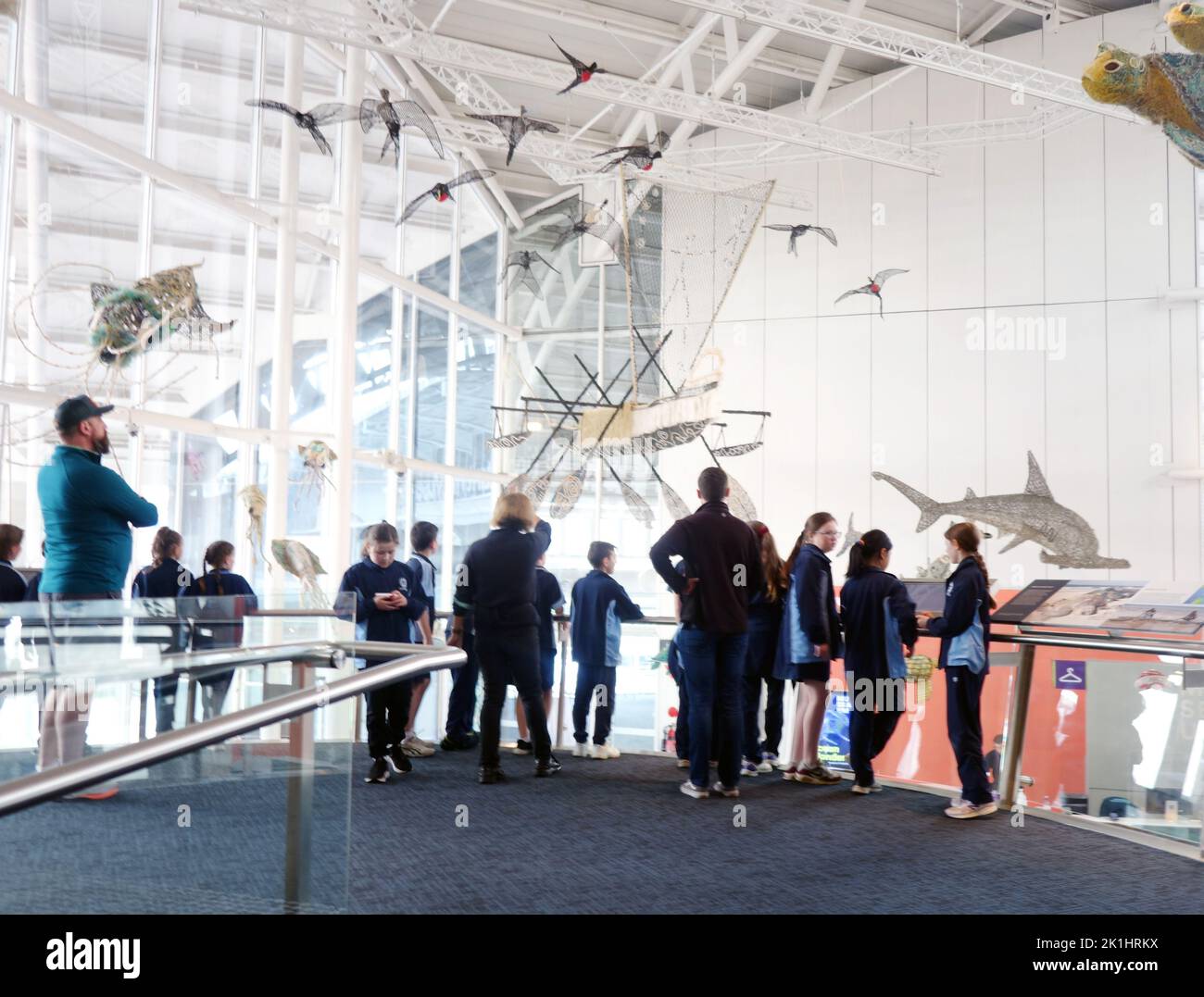 School children looking at display of Indigneous-made ghost nets sculptures featuring sea creatures, National Maritime Museum, Darling Harbour, Sydney Stock Photo