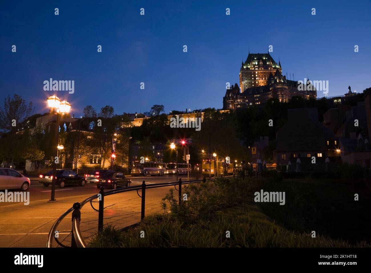 Champlain boulevard and Chateau Frontenac at night, Quebec City, Quebec, Canada Stock Photo