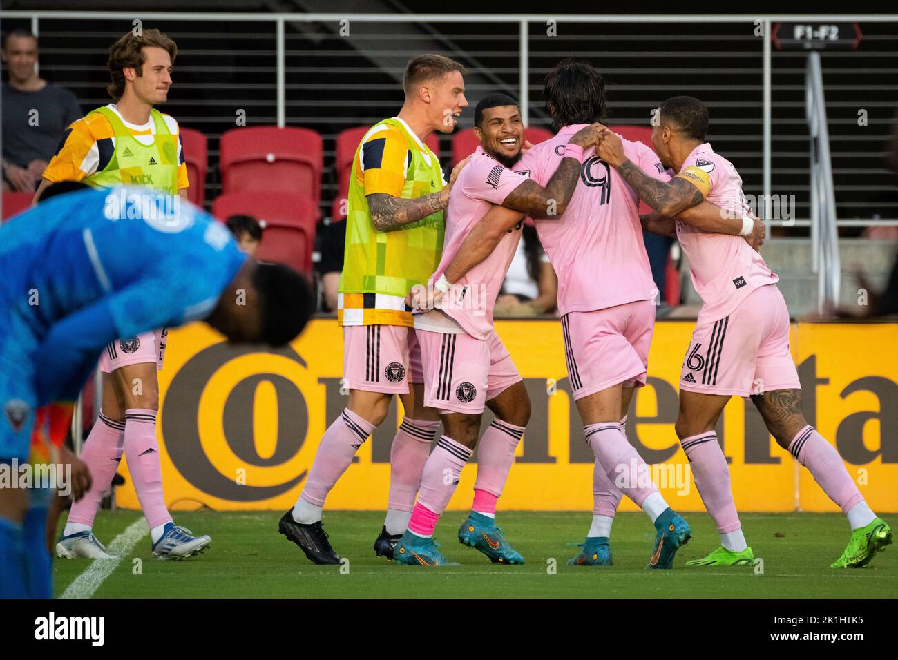 Washington DC, USA. 18th Sep, 2022. Miami forward Leonardo Campana celebrates after scoring with Miami defender Deandre Yedlin and other teammates, during a 2-3 DC United defeat vs. Inter Miami CF in Major League Soccer (MLS), at Audi Field, in Washington, DC, on Sunday, September 18, 2022. (Graeme Sloan/Sipa USA) Credit: Sipa USA/Alamy Live News Stock Photo