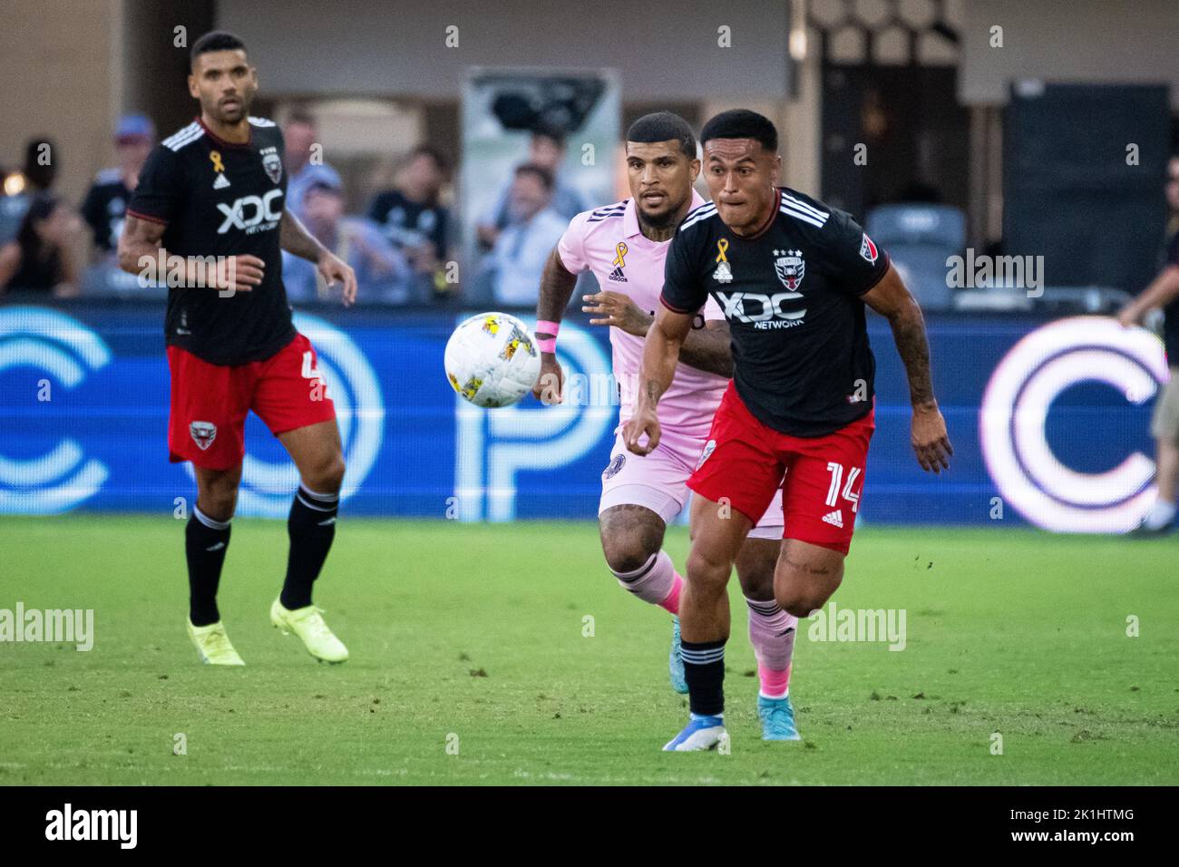Washington DC, USA. 18th Sep, 2022. United defender Andy Najar dribbles the ball under pressure from Miami defender DeAndre Yedlin during a 2-3 DC United defeat vs. Inter Miami CF in Major League Soccer (MLS), at Audi Field, in Washington, DC, on Sunday, September 18, 2022. (Graeme Sloan/Sipa USA) Credit: Sipa USA/Alamy Live News Stock Photo