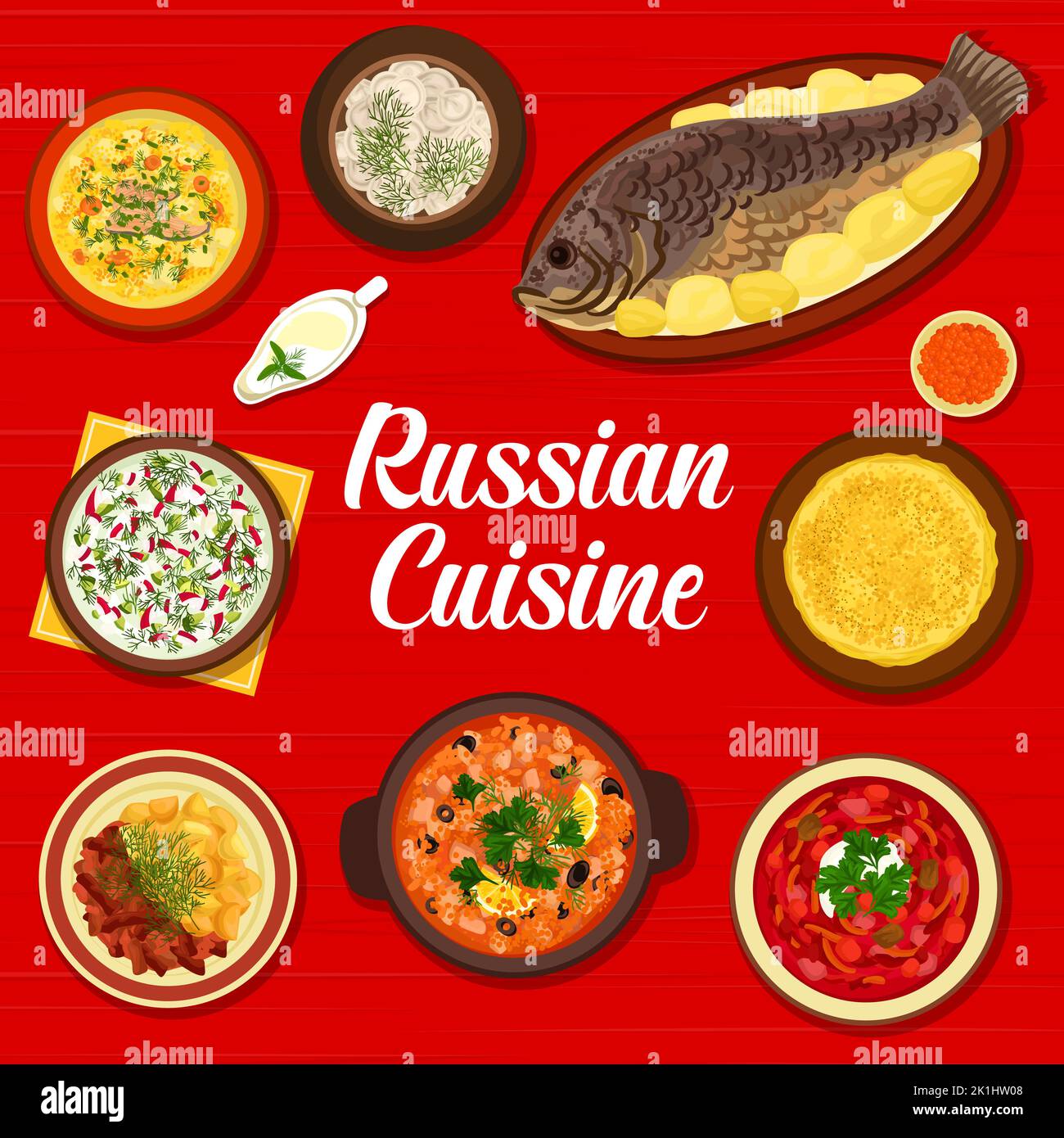 Russian cuisine menu cover, Russia dishes and food meals, vector