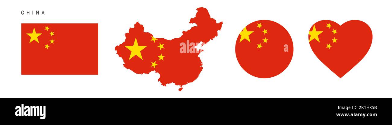 China flag icon set. Chinese pennant in official colors and proportions. Rectangular, map-shaped, circle and heart-shaped. Flat vector illustration is Stock Vector