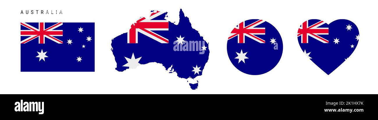 Australia flag icon set. Australian pennant in official colors and proportions. Rectangular, map-shaped, circle and heart-shaped. Flat vector illustra Stock Vector