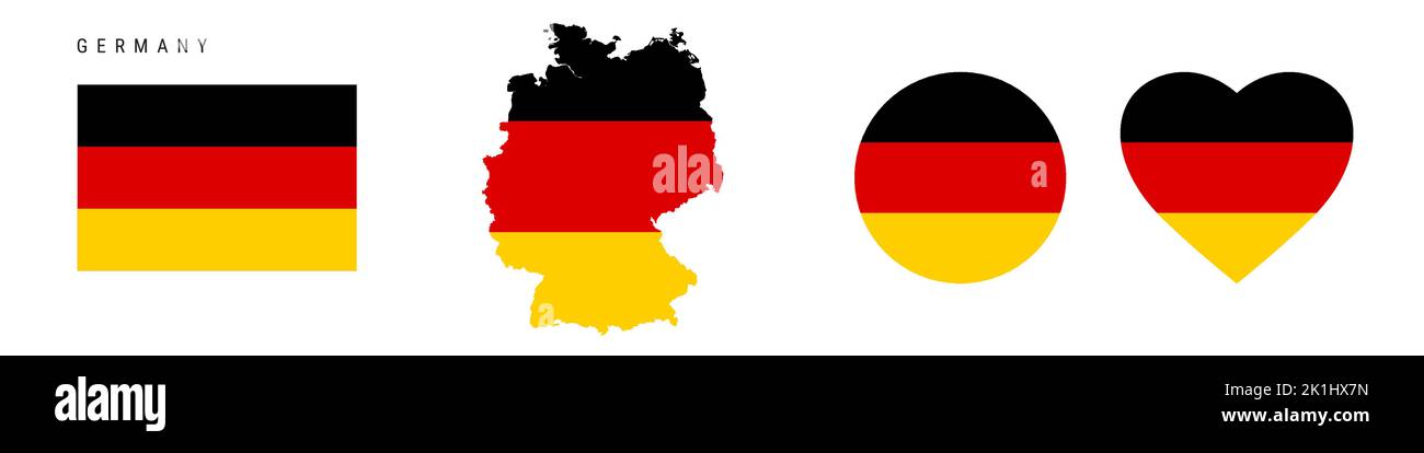 Germany flag icon set. German pennant in official colors and proportions. Rectangular, map-shaped, circle and heart-shaped. Flat vector illustration i Stock Vector