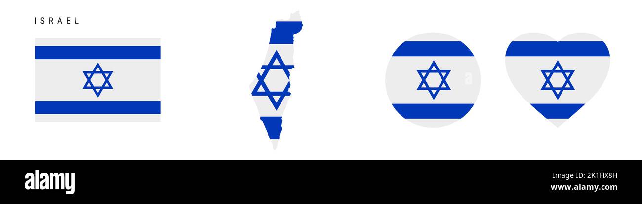 Israel flag icon set. Israeli pennant in official colors and proportions. Rectangular, map-shaped, circle and heart-shaped. Flat vector illustration i Stock Vector