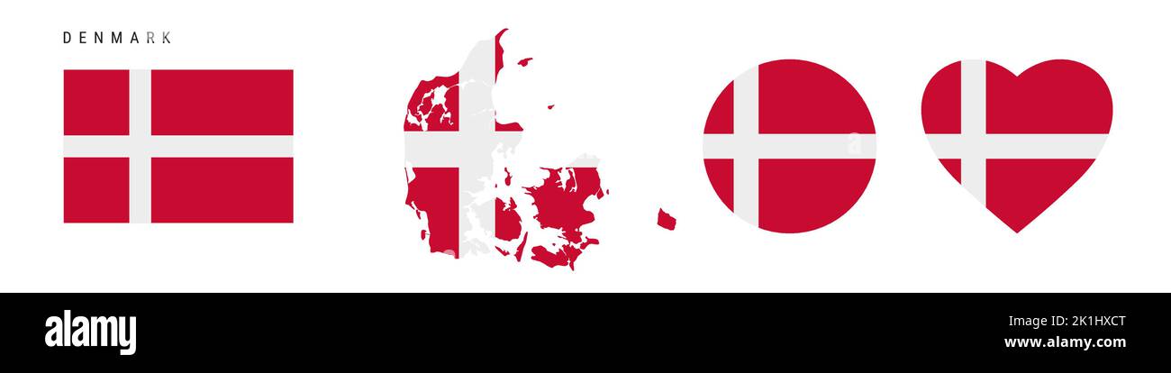 Denmark flag icon set. Danish pennant in official colors and proportions. Rectangular, map-shaped, circle and heart-shaped. Flat vector illustration i Stock Vector