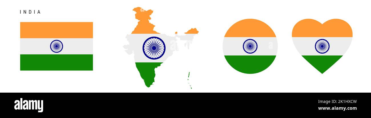 India flag icon set. Indian pennant in official colors and proportions. Rectangular, map-shaped, circle and heart-shaped. Flat vector illustration iso Stock Vector