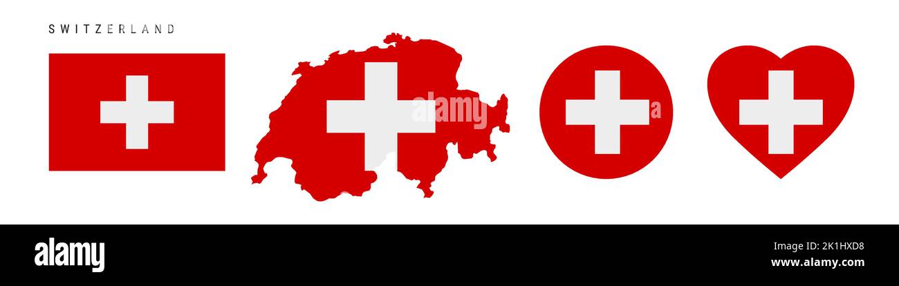 Switzerland flag icon set. Swiss pennant in official colors and proportions. Rectangular, map-shaped, circle and heart-shaped. Flat vector illustratio Stock Vector