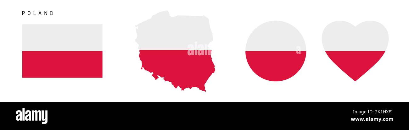 Poland flag icon set. Polish pennant in official colors and proportions. Rectangular, map-shaped, circle and heart-shaped. Flat vector illustration is Stock Vector