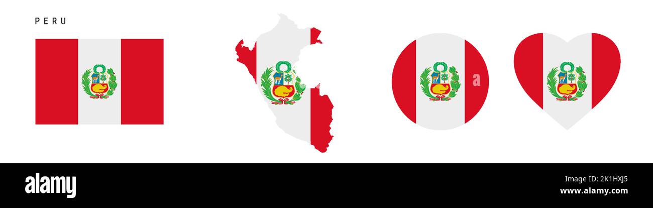 Peru flag icon set. Peruvian pennant in official colors and proportions. Rectangular, map-shaped, circle and heart-shaped. Flat vector illustration is Stock Vector