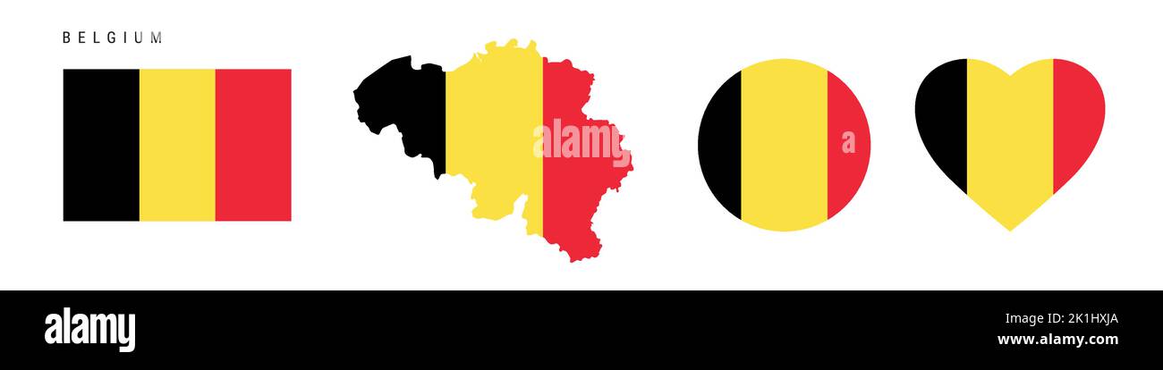 Belgium flag icon set. Belgian pennant in official colors and proportions. Rectangular, map-shaped, circle and heart-shaped. Flat vector illustration Stock Vector