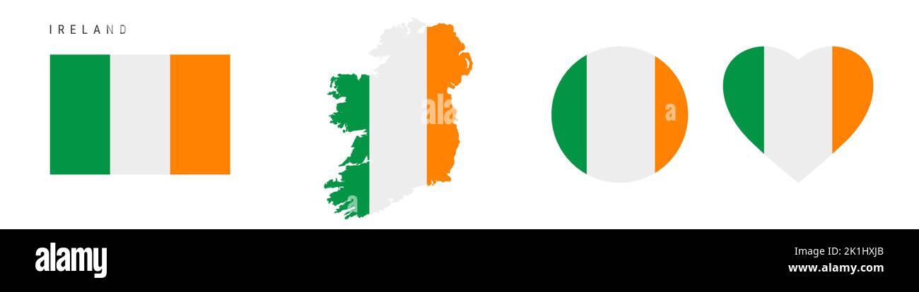 Ireland flag icon set. Irish pennant in official colors and proportions. Rectangular, map-shaped, circle and heart-shaped. Flat vector illustration is Stock Vector