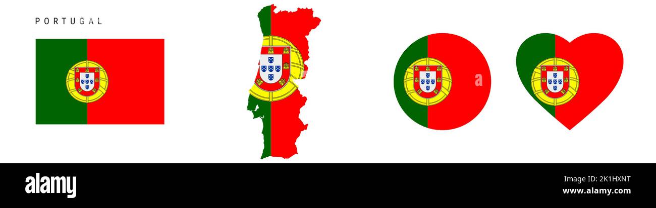 Portugal flag icon set. Portuguese pennant in official colors and proportions. Rectangular, map-shaped, circle and heart-shaped. Flat vector illustrat Stock Vector