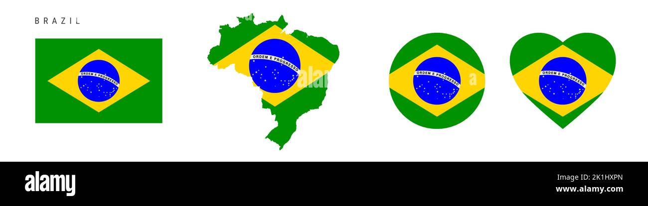 Brazil flag icon set. Brazilian pennant in official colors and proportions. Rectangular, map-shaped, circle and heart-shaped. Flat vector illustration Stock Vector