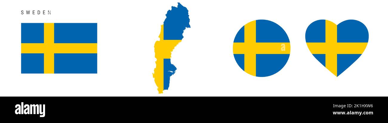Sweden flag icon set. Swedish pennant in official colors and proportions. Rectangular, map-shaped, circle and heart-shaped. Flat vector illustration i Stock Vector