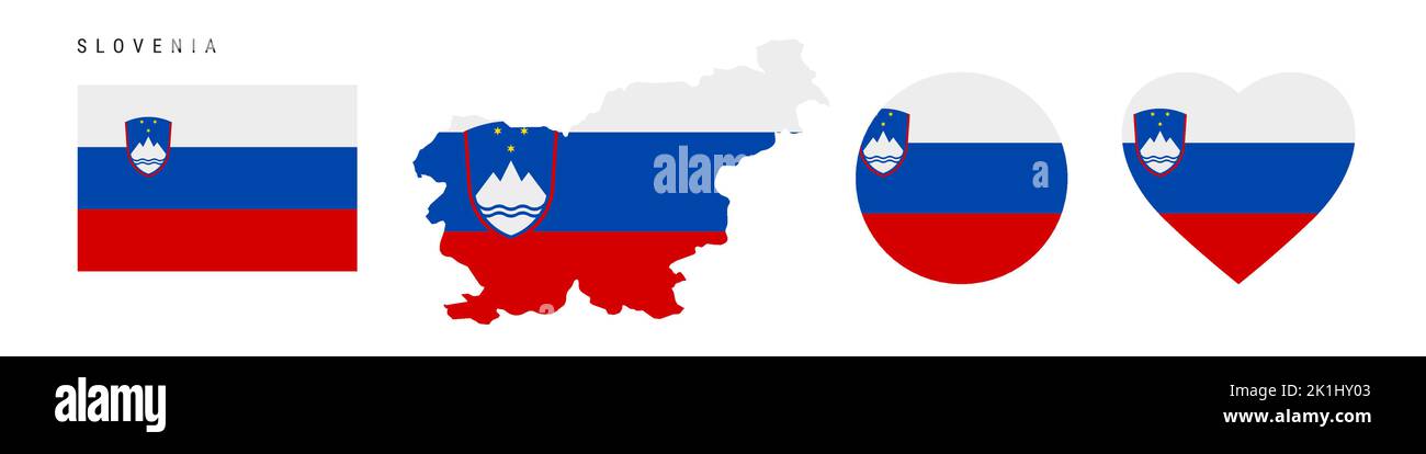 Slovenia flag icon set. Slovenian pennant in official colors and proportions. Rectangular, map-shaped, circle and heart-shaped. Flat vector illustrati Stock Vector
