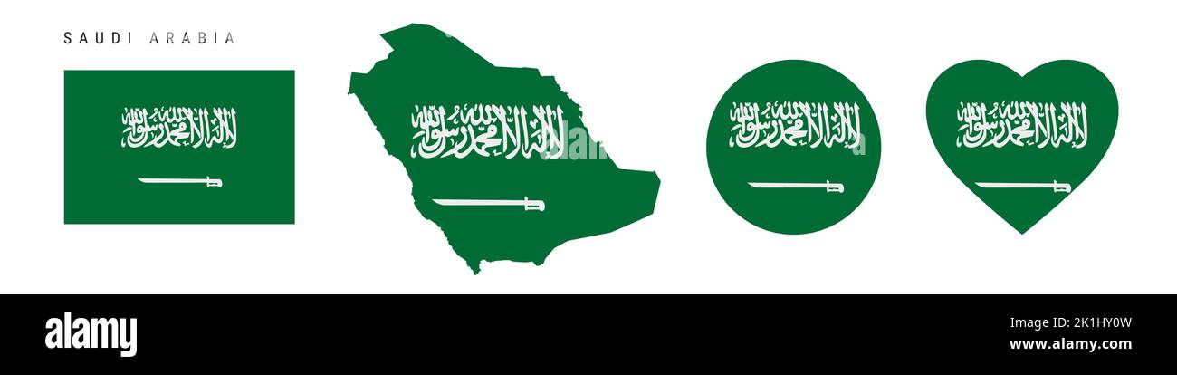 Saudi Arabia flag icon set. Saudi Arabian pennant in official colors and proportions. Rectangular, map-shaped, circle and heart-shaped. Flat vector il Stock Vector