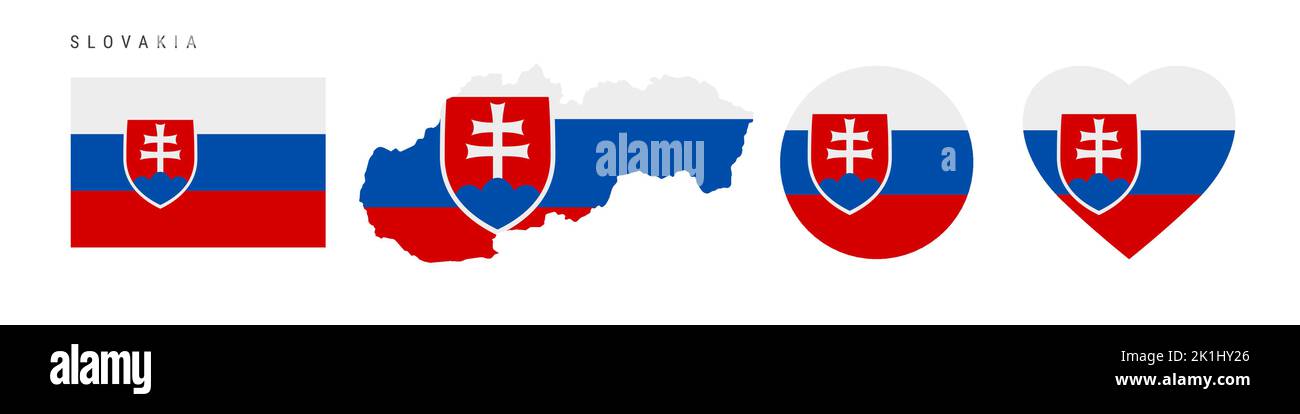 Slovakia flag icon set. Slovak pennant in official colors and proportions. Rectangular, map-shaped, circle and heart-shaped. Flat vector illustration Stock Vector