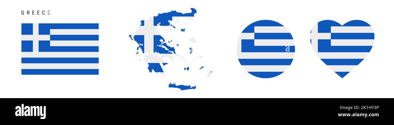 Greece flag icon set. Greek pennant in official colors and proportions. Rectangular, map-shaped, circle and heart-shaped. Flat vector illustration iso Stock Vector