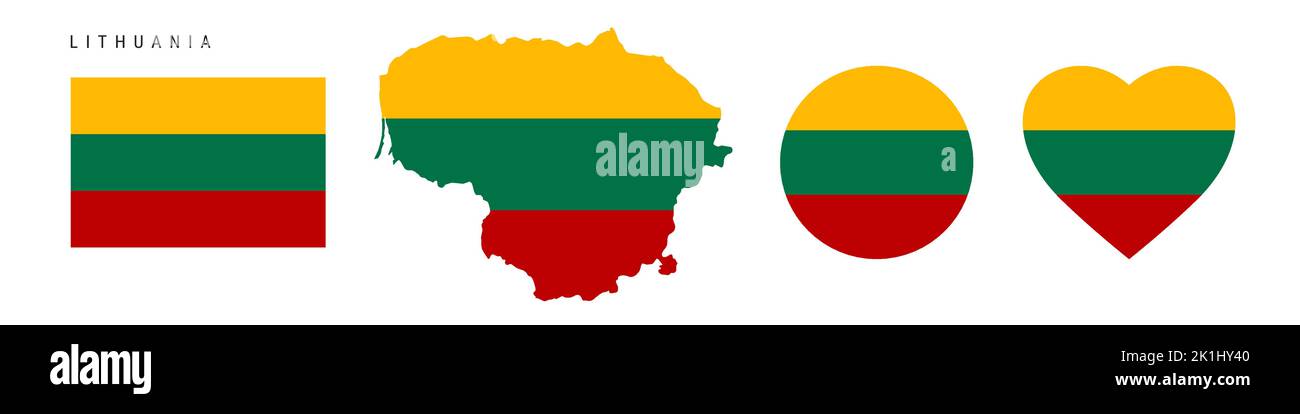 Lithuania flag icon set. Lithuanian pennant in official colors and proportions. Rectangular, map-shaped, circle and heart-shaped. Flat vector illustra Stock Vector