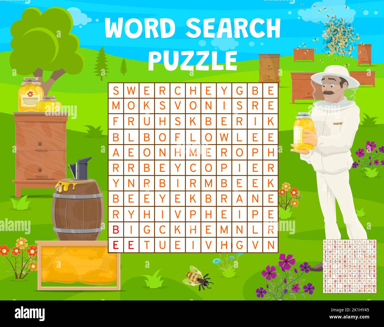 Word search puzzle game worksheet, beekeeping and apiary kids quiz grid. Vector beekeeper care of bees, smoker, honey, and barrel, beehive or honeycomb on green field with flowers, crossword task Stock Vector