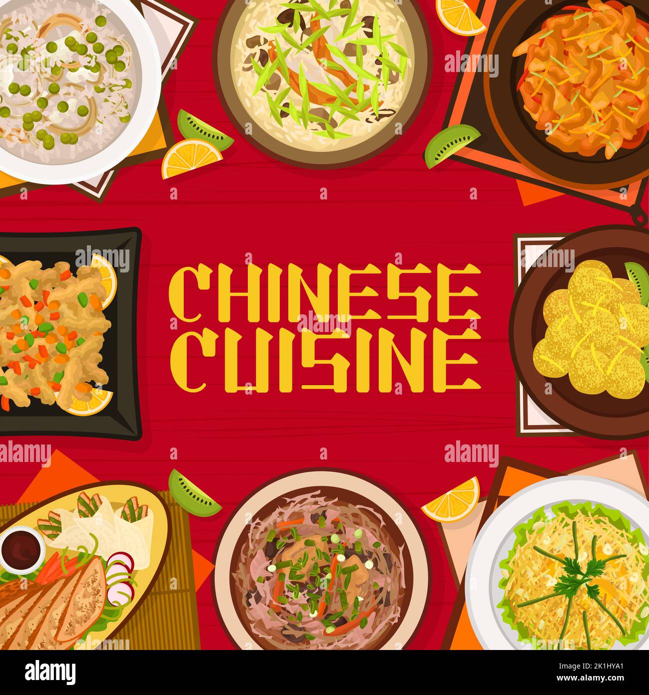 Chinese cuisine dishes menu cover page. Mango salad with egg noodles, pork with candied fruits, hot and sour soup, sweet rice balls, Peking duck and soup Congee, sweet and sour pork, meat anise soup Stock Vector