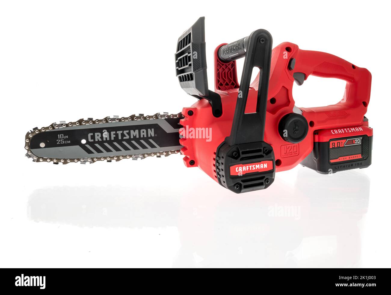 Winneconne, WI - 6 August 2022: A package of Craftsman battery operated chainsaw on an isolated background. Stock Photo