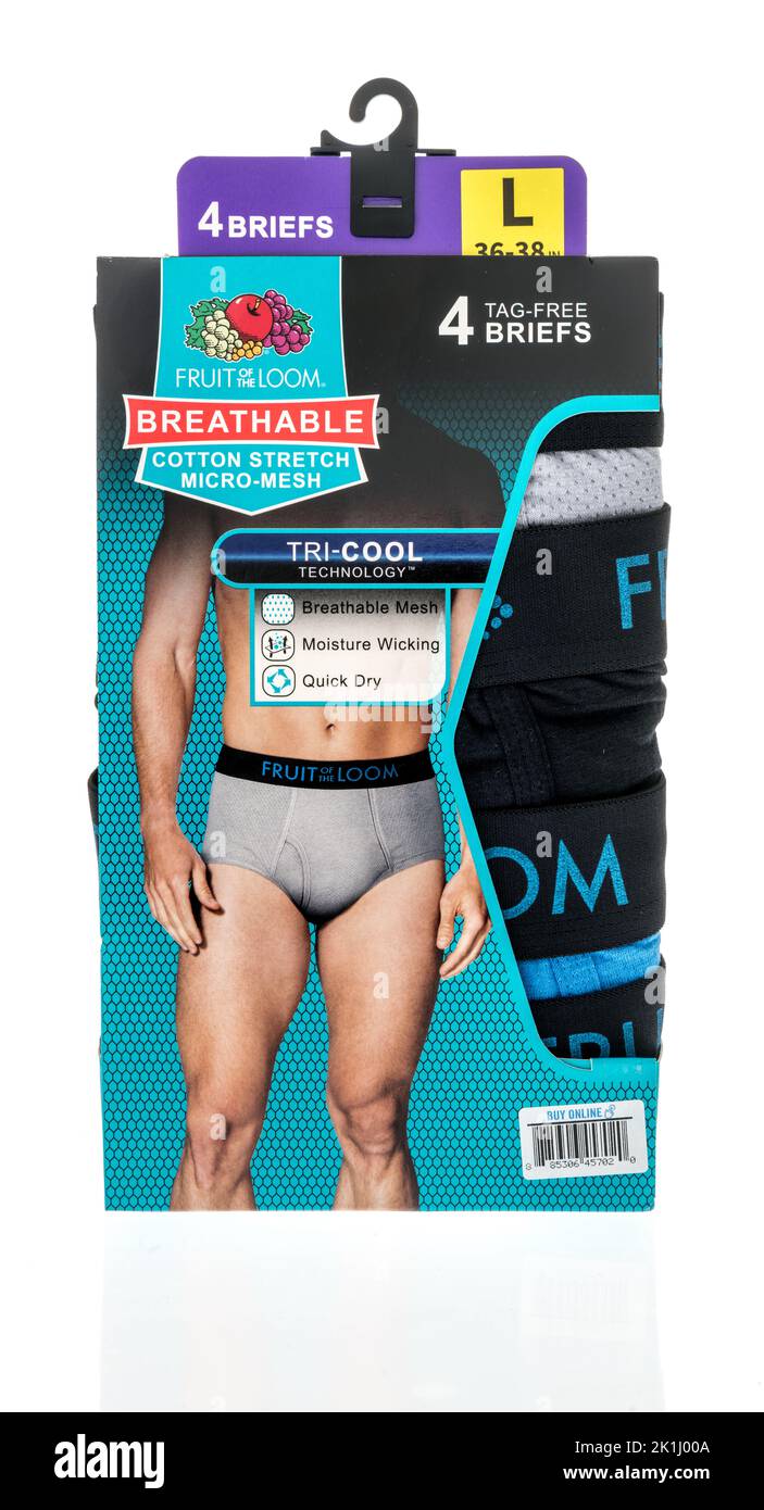 Winneconne, WI - 6 August 2022: A package of Fruit of the loom breathable cotton stretch briefs on an isolated background. Stock Photo