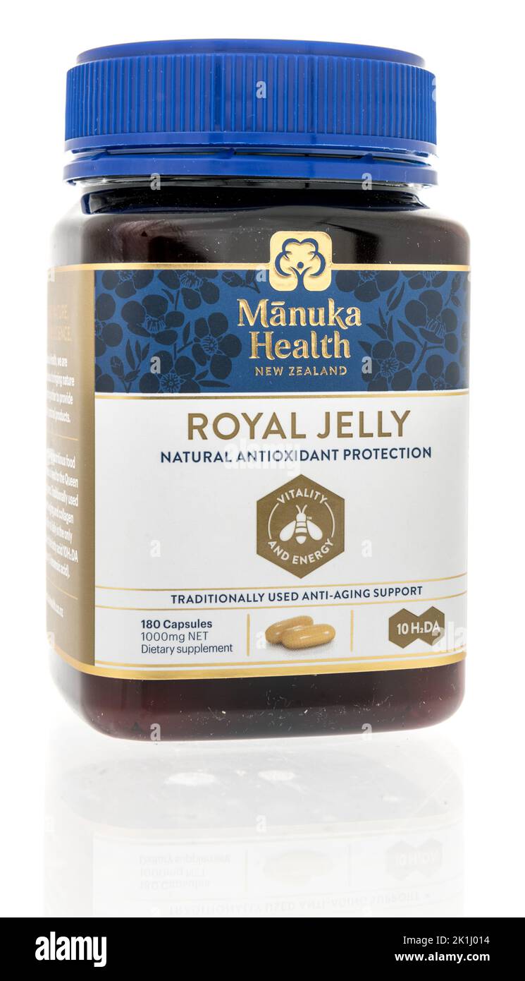 Winneconne, WI - 6 August 2022: A bottle of Manuka Health New Zealand royal jelly supplement on an isolated background. Stock Photo
